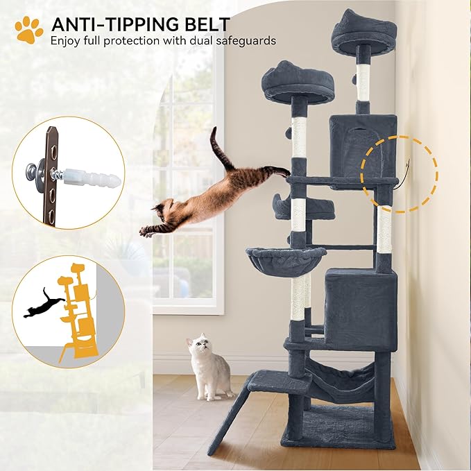 YITAHOME Tall Cat Tree for Indoor Cats, 75 inch Multi-Level Cat Tower with Cat Condos, Top Perches, Sisal Ramp Scratching Posts, Cozy Basket, Hammocks, Large Cat Pet Activity Structure, Dark Grey