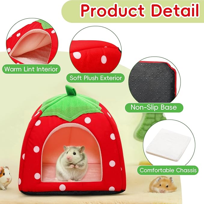 Guinea Pig Bed Rabbit Hideout Cozy Hamster Cave Leash Accessories Warm Fleece Cuddle Cup Washable Winter Sleeping House for Small Pet Strawberry Style