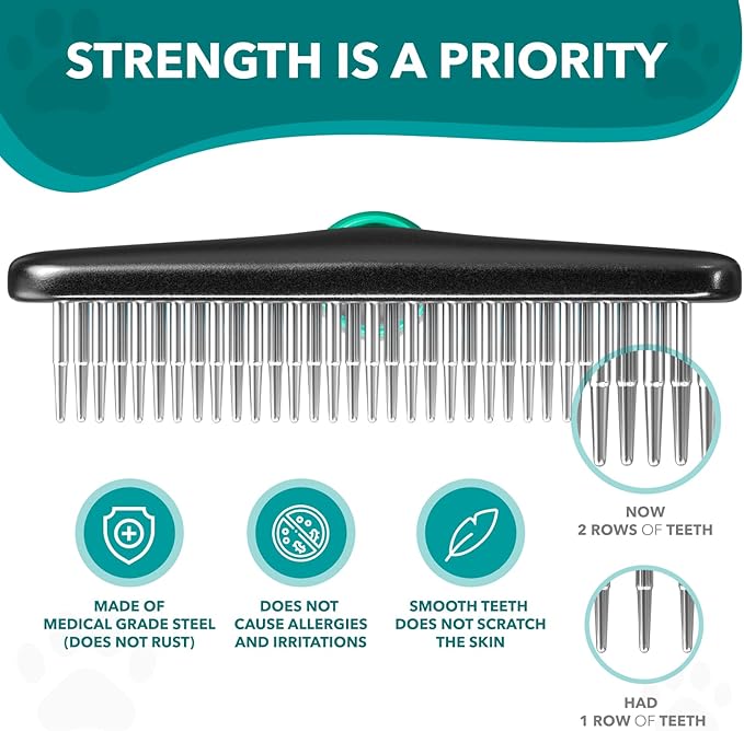 Deshedding Brush Comb - Undercoat Rake for Dogs, Cats, Short, Long Hair Coats - Double Row Stainless Steel Pins - Reduce Shedding by 90% (Green)