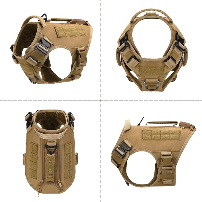 Tactical Dog Backpack Harness for Large Breed Original Design Metal Buckle Vest with Side Bags Pouches for Service Working Training (Khaki (with 2 Pouches), Medium)
