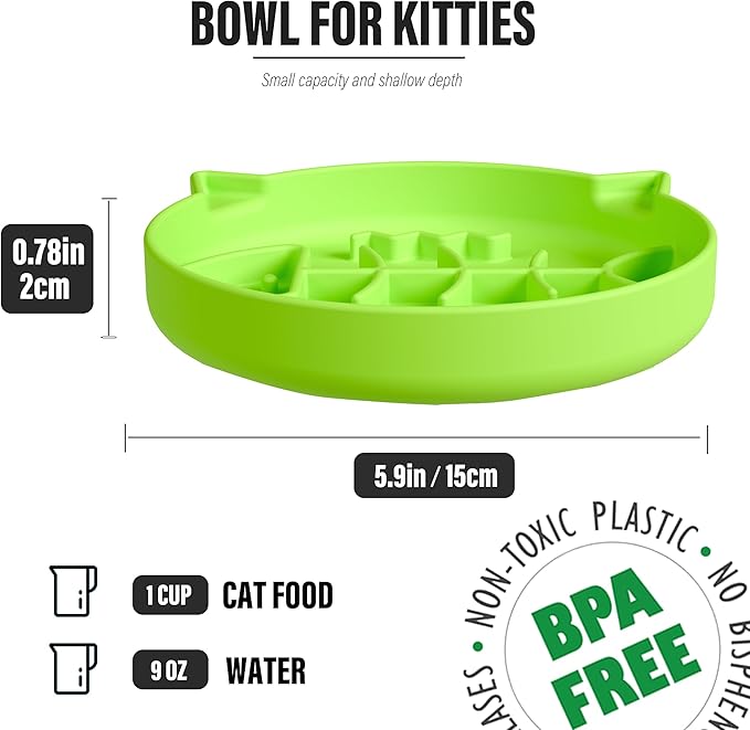 Silicone Cat Slow Feeder Bowl With Suction Cups - Interactive Puzzle Toy to Reduce Overeating in Kitty (Green, 1 Cup)