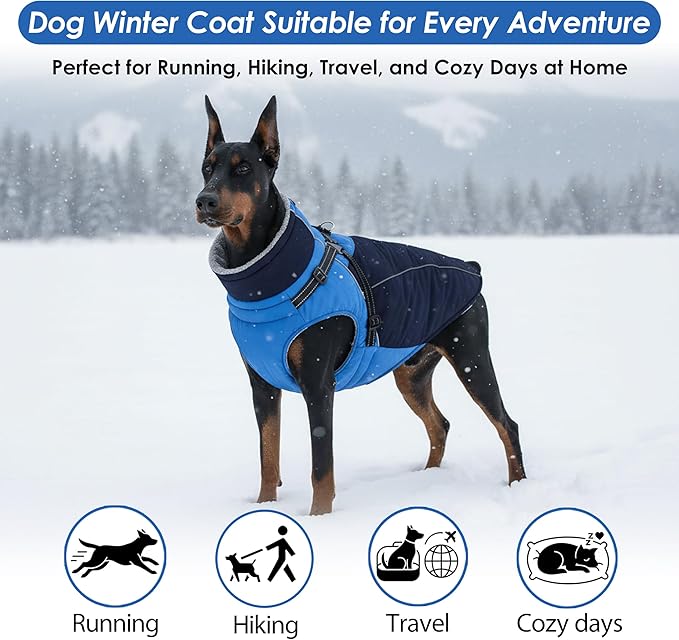 ASENKU Reflective Dog Coat with Built-in Harness, Windproof Fleece-Lined Dog Jacket for Small, Medium, Large Dogs, Warm Winter Vest with Turtleneck & Zipper (Navyblue L)