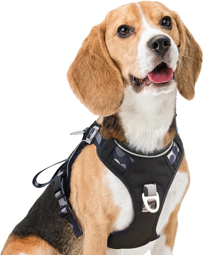 Dog Harness No-Pull with Front & Back D-Rings, Water-Repellent 600D Oxford for Hiking/Training/Walks, Reflective Adjustable Vest, Lightweight Aluminum Hardware Fit for Small Sized Dogs, Camo Black, S