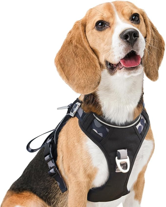 Dog Harness No-Pull with Front & Back D-Rings, Water-Repellent 600D Oxford for Hiking/Training/Walks, Reflective Adjustable Vest, Lightweight Aluminum Hardware Fit for Small Sized Dogs, Camo Black, S