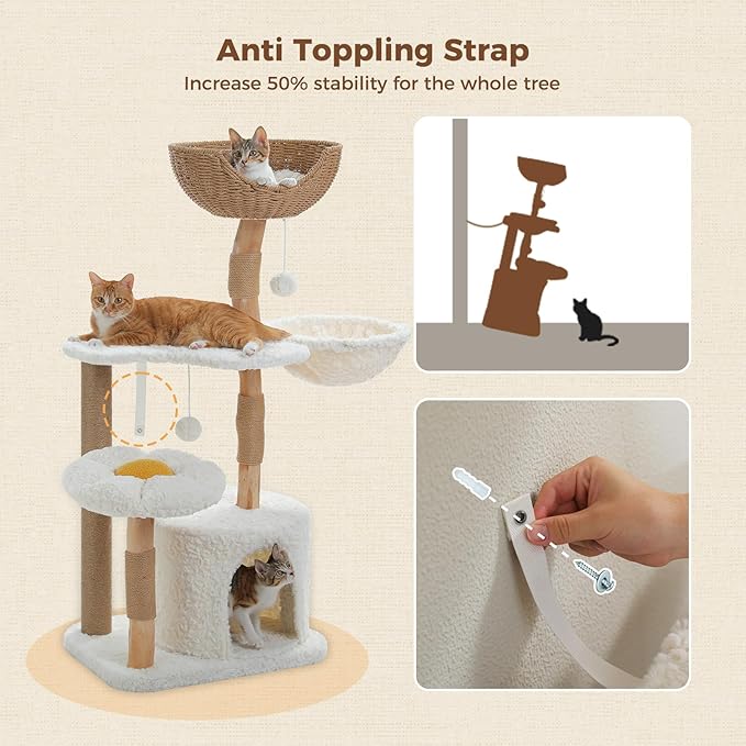 PEQULTI 48.5'' Modern Cat Tree Solid Wood Cat Tower for Indoor Cats with Luxury Cat Condo, Cozy Hammock, Scratching Post, Rattan Perch and Flower Cat Bed for Large Cats Adult, White