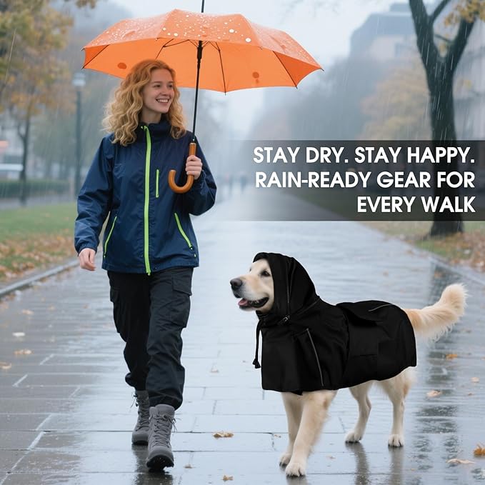Dog Raincoat for Extra Large Dogs with Hood, Waterproof Dog Rain Jacket with Leash Hole, Reflect Strips, Ideal for Rain, Snow, Windy Weather & Outdoor Walks, Camping, Hiking - Black XXXXL