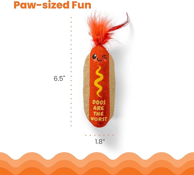 Catstages Hotdog Kicker Toy with Catnip and Dental Mesh, Hot Dog Shape, Plush and Feather Cat Toy for Kicking, Tossing, and Teeth Cleaning, Brown