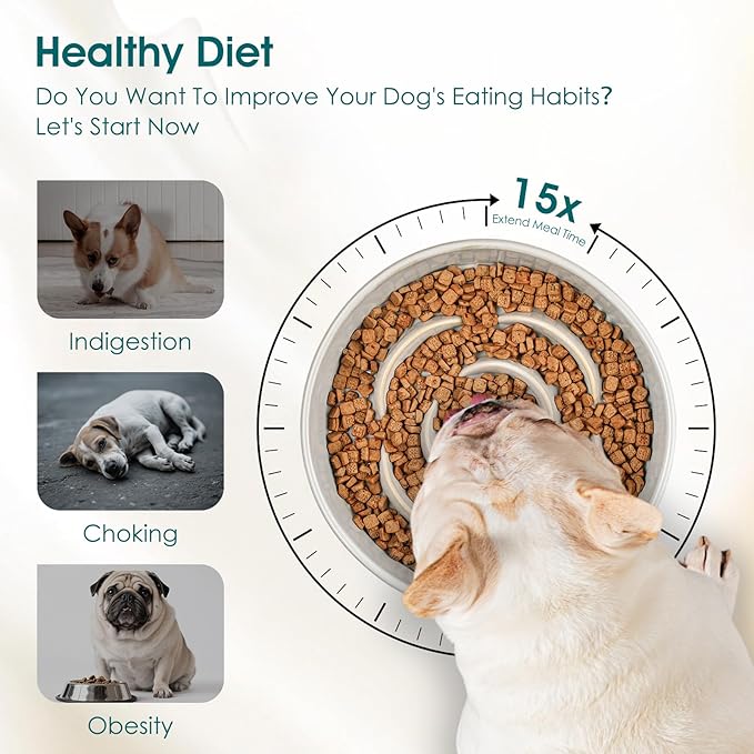 vancasso Slow Feeder Dog Bowl, 0.6 Cups Ceramic Dog Food Dish for Fast Eaters Small Breed, Puzzle Bowl for Small Dogs and Cats, Light Gray
