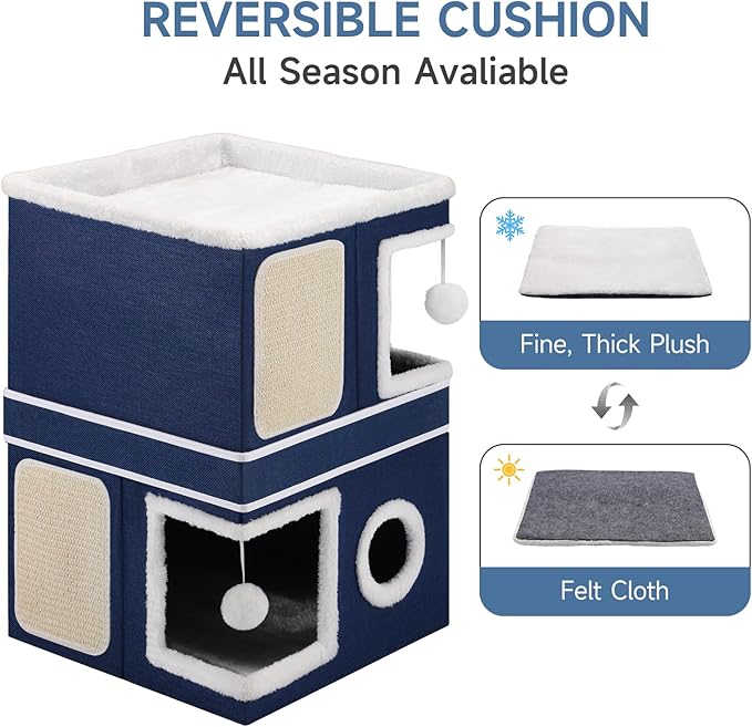 Shikha 2-Storey Cat Houses for Indoor Cats, Dual-Purpose Double Large Cat Beds Cave with Hideaway Condos, Scratch Pads, Fluffy Balls, Foldable Indoor Cat Cube House for Multi Small Pets Kitten, Blue