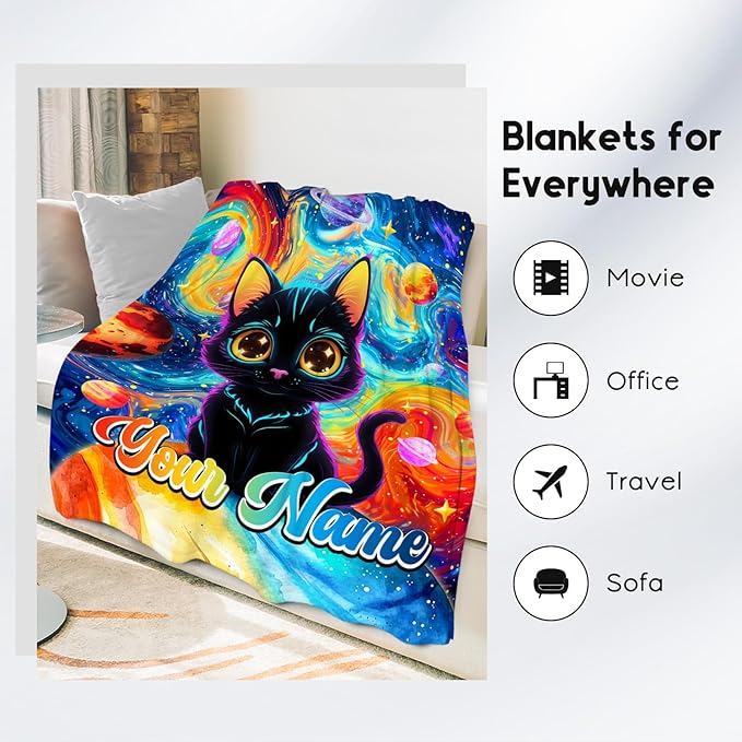 Cat Blankets for Cat Lovers - Personalized Girls Blanket for Toddler/Kids/Women - Lightweight Planet Throws Gifts for Office Couch, Room