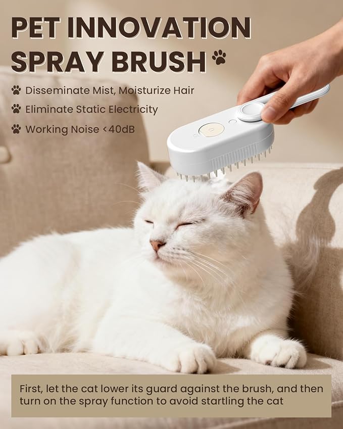 Cat Steam Brush for Shedding, Pet Steam Brush for Cats and Dog, 4 in 1 Rechargeable Cat Hair Brush, Spray Anti-Static, Massage, Cleaning, Shedding & Combing All In One, for Long & Short Haired Pets!