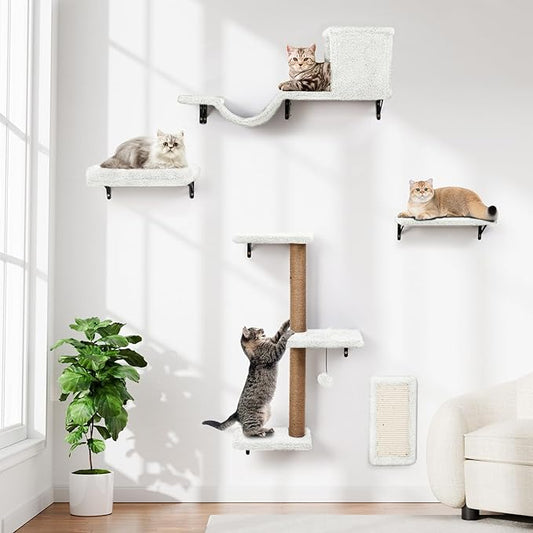 5-in-1 Cat Wall Shelves, Multi-Level Cat Climbing Furniture, Perch & Lounge for Indoor Cats, Space-Saving Wall Mounted Shelves for Play & Rest (Natural Wood) - White