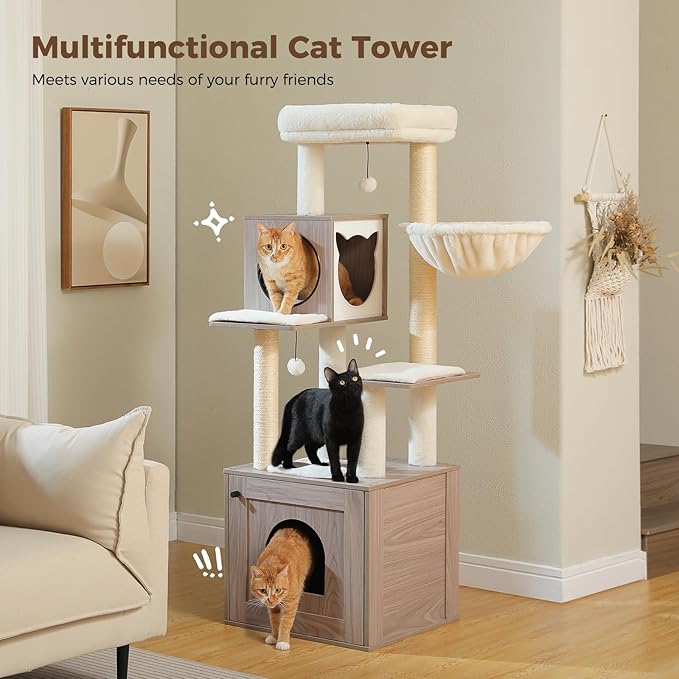 Tall Cat Tree with Litter Box Enclosure 57.5" Wooden Cat Tower for Large Cats with Cat Hammock House Bed (Wood Grey)