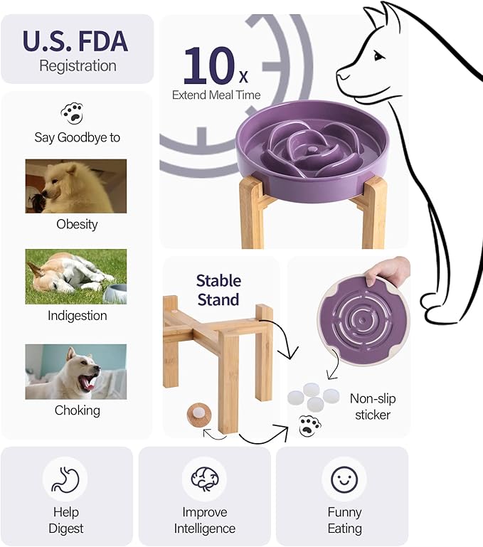 Purple Elevated/Raised Dog Bowl Ceramic Slow Feeder with Wood Stand for Small Medium Large Dogs, 8.66 in Dog Dish to Slow Down Eating,Modern Heavy Slow Puppy Bowl for Fast Eaters