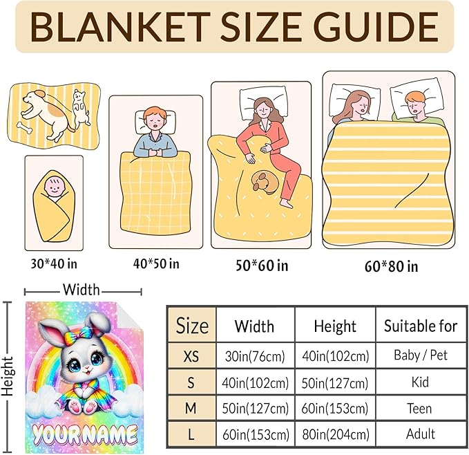 Girls Rabbit Blanket Gift Personalized Throw for Toddler Kids Bunny Lovers - 40x50 Inches Soft Cozy Cute Custom Rainbow Throw Blankets for Sofa Couch Living Room Bed