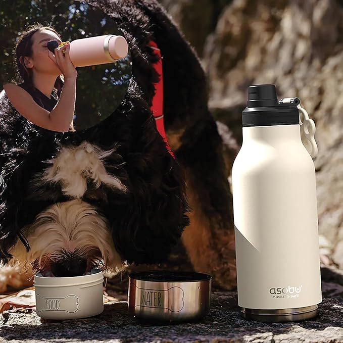 asobu Dog Barky Bottle – Insulated Stainless Steel Water Bottle with 2 Removable Dog Bowls for Food, Treats & Water – Pet-Friendly Travel Bottle for Hiking, Road Trips & Outdoor Adventures