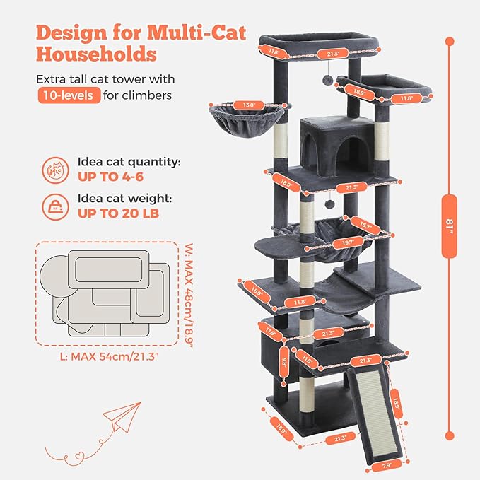 81 Inch Tall Cat Tree for Indoor Cats Large Adult - Multi-Level Cat Tower with Large Metal Frame Hammock, 2-in-1 Scratching Ramp, 2 Top Perches, 2 Cozy Condos & 6 Scratching Posts - Dark Grey