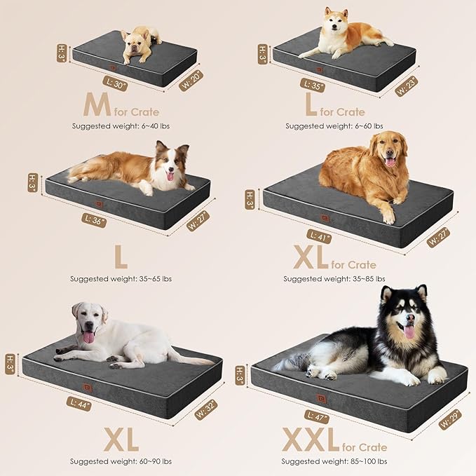 EHEYCIGA Waterproof Dog Bed Memory Foam 41x27, Orthopedic Dog Beds Mat for Gaint Dogs with Removable Cover, Dark Grey