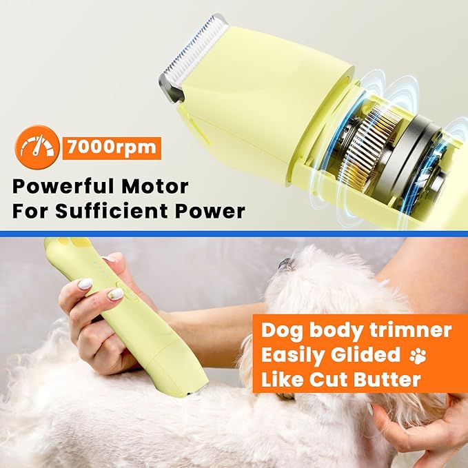 Dog Clipper 4-in-1 Grooming Kit – Includes Comb, Paw Trimmer, Nail Grinder, Rechargeable & Wireless Design, Low Noise, IPX7 Waterproof, Pet-Friendly Clipper (Yellow)