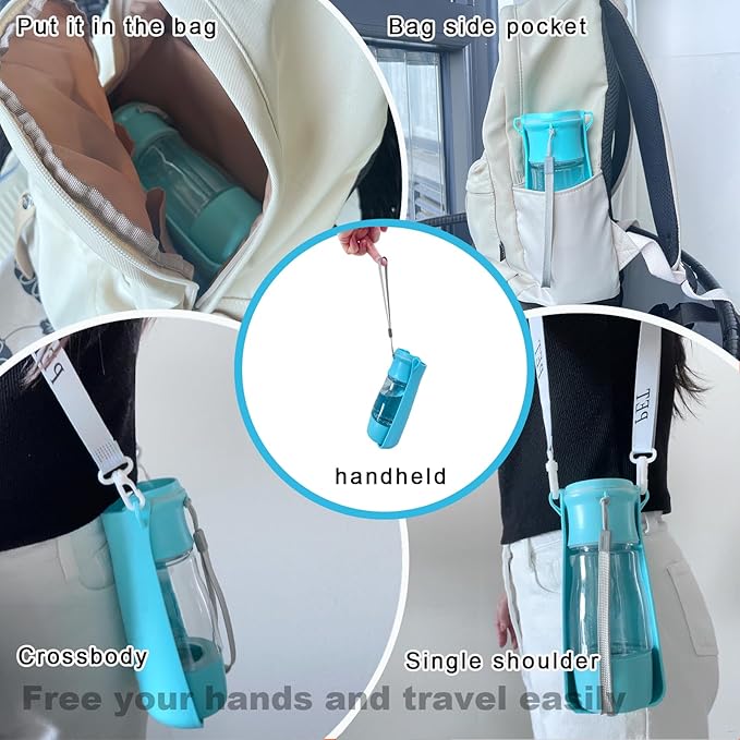 Portable Dog Water Bottle - 2-in-1 Dog Travel Water Bottle with Food Container & Bowl Dispenser, Leak-Proof, Lightweight, Ideal for Dog, Cat Walking, Hiking, Travel - 8 oz, Blue