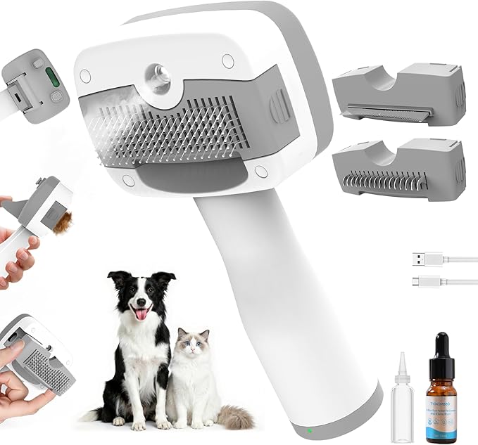 5-in-1 Pet Steam Brush for Dogs & Cats | Self-Cleaning Dog Steam Brush With 3 Brushes & Spray Function | for Shedding, Dematting & Grooming | Includes Pet Essence
