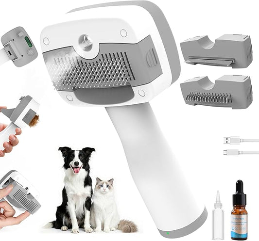 5-in-1 Pet Steam Brush for Dogs & Cats | Self-Cleaning Dog Steam Brush With 3 Brushes & Spray Function | for Shedding, Dematting & Grooming | Includes Pet Essence