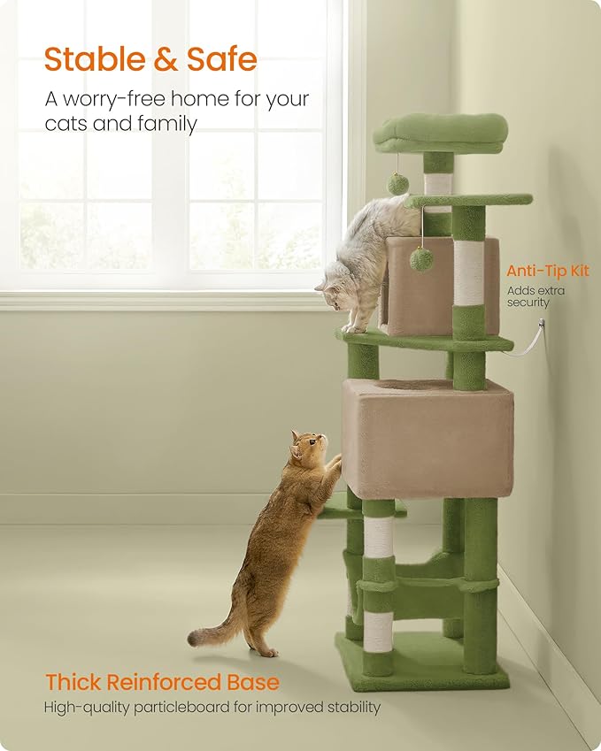 Feandrea Cat Tree, 61-Inch Cat Tower for Indoor Cats, Plush Multi-Level Cat Condo with 5 Scratching Posts, 2 Perches, 2 Caves, Hammock, 2 Pompoms, Grass Green and Camel Brown UPCT192C03