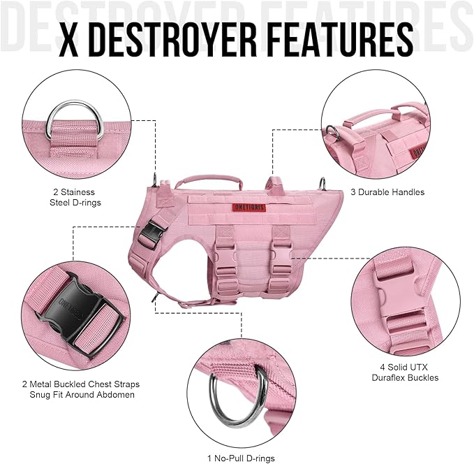OneTigris Large Tactical Dog Harness, No Pulling Adjustable Dog Vest Harness, Heavy Duty Dog Harness with Handle, Large Hook and Loop Panels for Patch(Pink,M