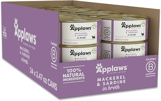 Applaws Natural Wet Canned Cat Food, Limited and Natural Ingredients, High Protein with No Artificial Additives, Mackerel & Sardine in Broth (24 x 2.47oz Cans)