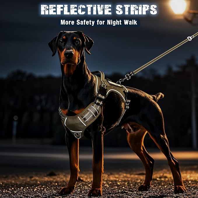 Tactical Dog Harness and Leash Set for Large Dogs,Heavy Duty No Pull Service Dog Vest and 10 Patches with Dog Seat Belt,Reflective Adjustable Pet Harness for Training Walking Hiking Brown XL