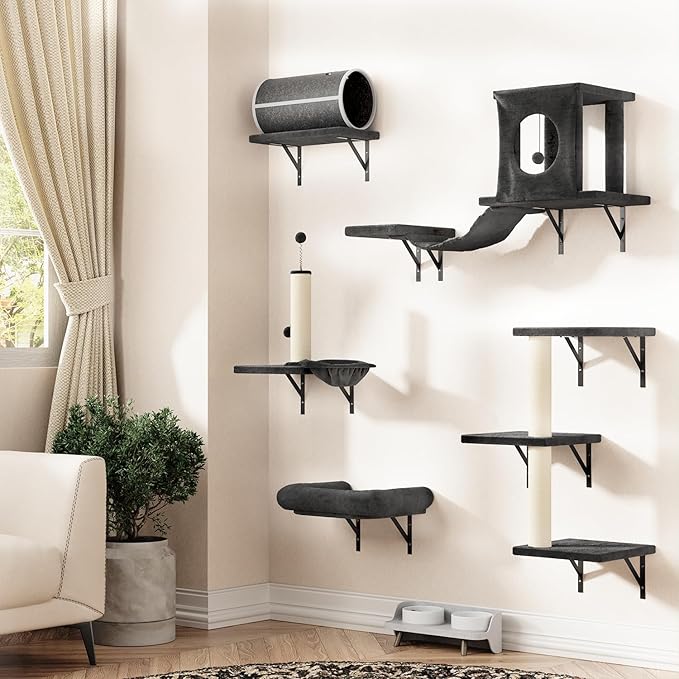 NUNU LAB 7-in-1 Wall Mounted Cat Climber Set, Cat Wall Furniture Set with House, Bridge, Steps, Scratcher Post, DIY Playground, Cat Wall Shelves - Dark Gray