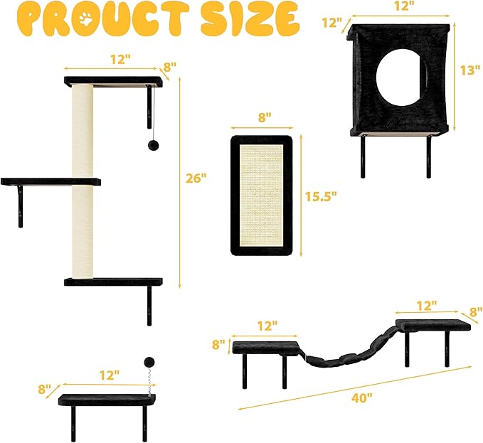 NUNU LAB Cat Wall Shelves, 10-in-1 Wall-Mounted Cat Furniture Set, Large Cat Climber Set with House, Bridge, Steps, Scratcher, DIY Playground, Shelves for Indoor Wall Furniture Set - Black