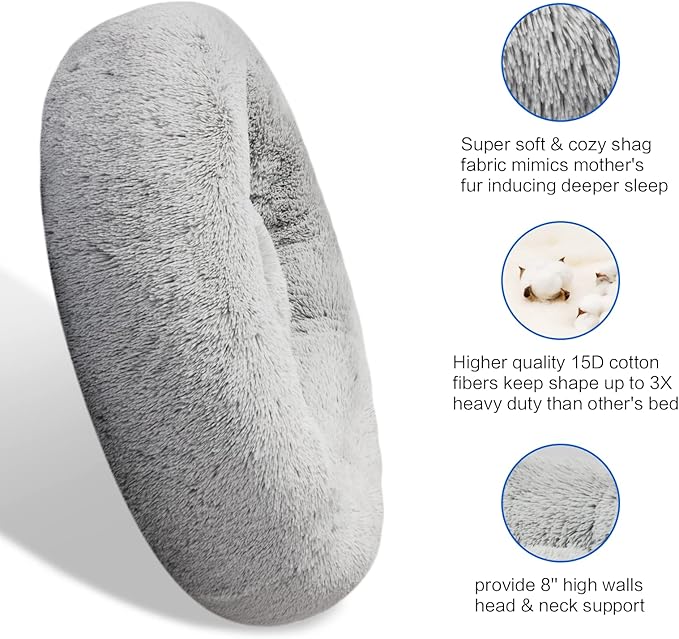 SAVFOX Plush Calming Donut Beds - Comfy Cuddler for Dogs & Cats, Washable Faux Fur, Multiple Sizes XS-XXL
