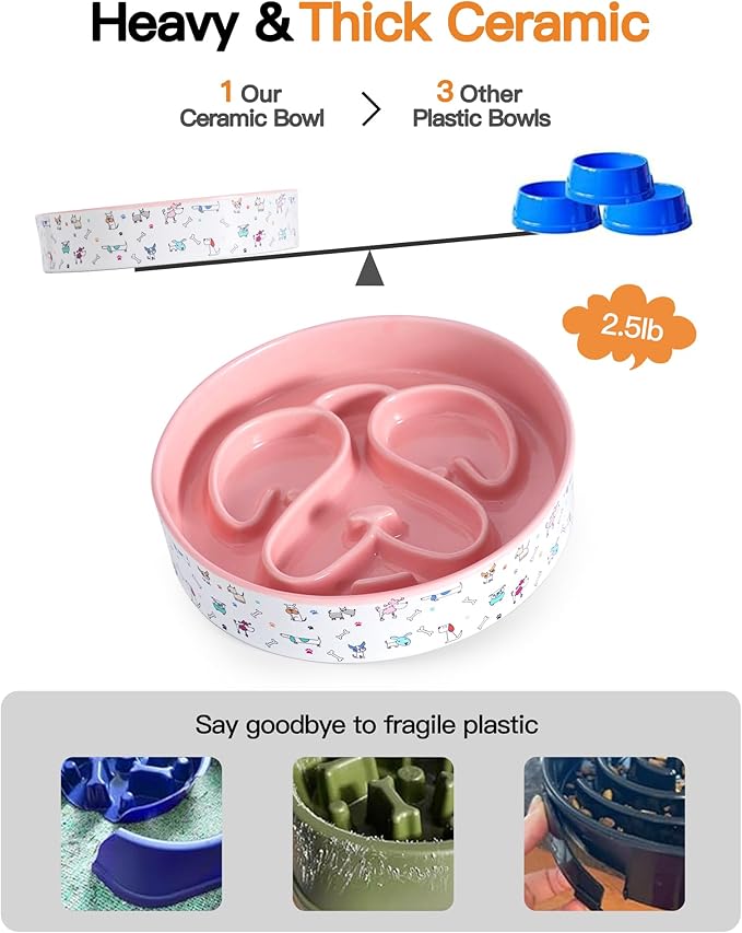 Slow Feeder Dog Bowl, Ceramic Dog Bowls 1.5 Cups Interactive Puzzle Feeder for Fast Eaters, Prevent Bloat & Choking, for Small Medium Large Dogs, Pink 