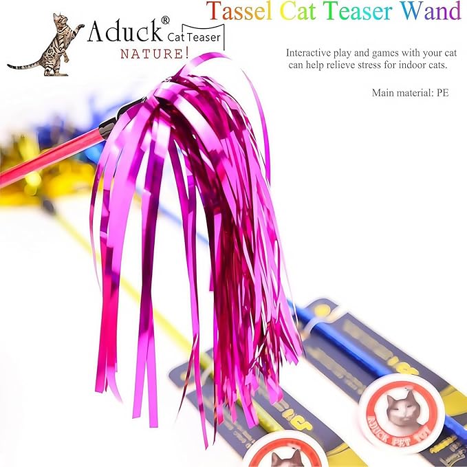 ADUCK Interactive Cat Teaser Wand Toy with Tassels - Durable Cat Chaser for Indoor Kitten Exercise, Boredom Relief & Training Play - Assorted Color, 1 Pack