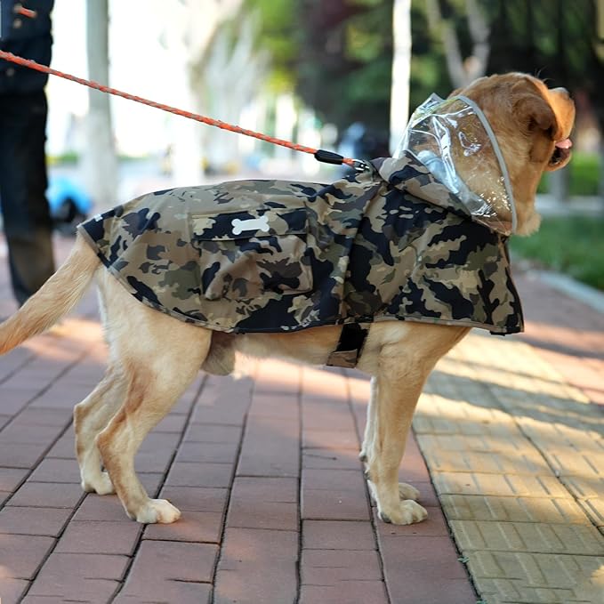 Waterproof Dog Raincoat, Adjustable Reflective Lightweight Pet Rain Clothes with Poncho Hood(X-Large,Camo)