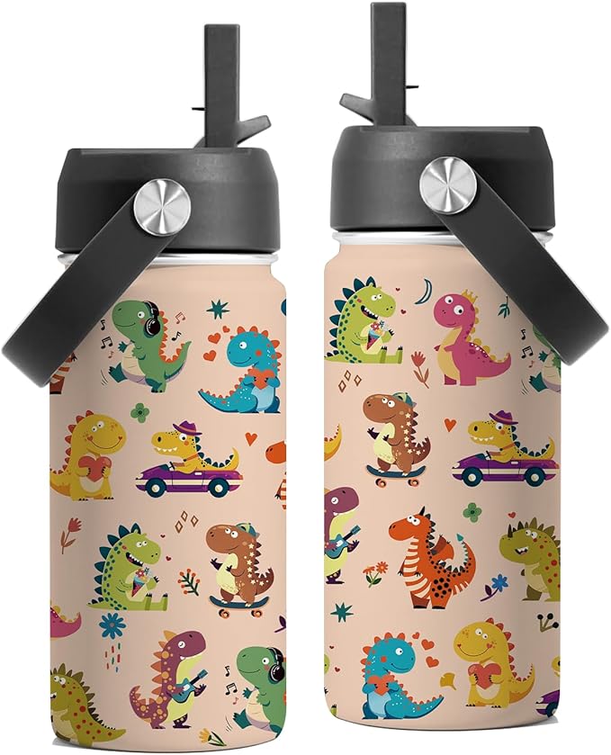 16 oz Water Bottle with Straw Lid, Stainless Steel Insulated Tumbler, Cute Dinosaurs Water Bottles for Birthday Christmas, Dinosaurs Lovers Gifts