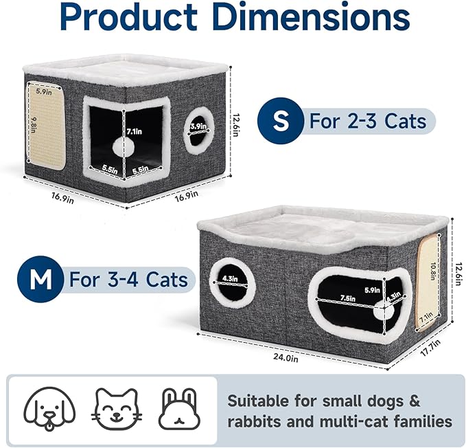 Shikha Cat Beds for Indoor Cats, Extra Wide Cat Cube House for Multi Cats, Foldable Cat Cave Hideaway with Arc-Edge Design & Oval Door, Reversible Cushion for All Seasons, 24"L x 17.7"D x 12.6"H, Grey
