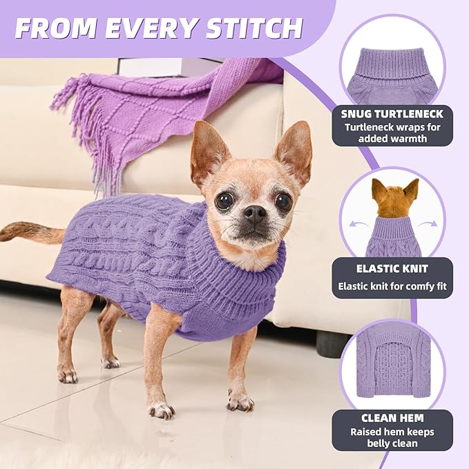 2 Pack Dog Sweaters for Small Dogs Turtleneck Pullover Cable Knit Puppy Stretch Clothes Chihuahua Yorkie Pomeranian Toy Poodle Boy Girl Pets Winter Doggie Clothes (S, Pink & Purple)