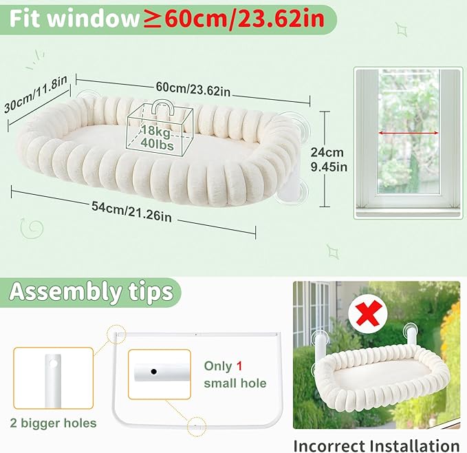 Sunhoo Cat Window Perch Bed Foldable Kitty Windowsill Hammock Shelf Seat Large Cats Suction Cup Indoor Kitten Window Sill Lounger with Soft Plush Cushion Machine Washable 21.26 * 11.8in (White, M)