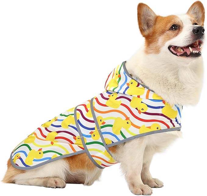 Dog Raincoat for Large Dogs, Waterproof Rain Jacket Coat with Hood and Leash Hole, Polyester, Rainbow Ducks