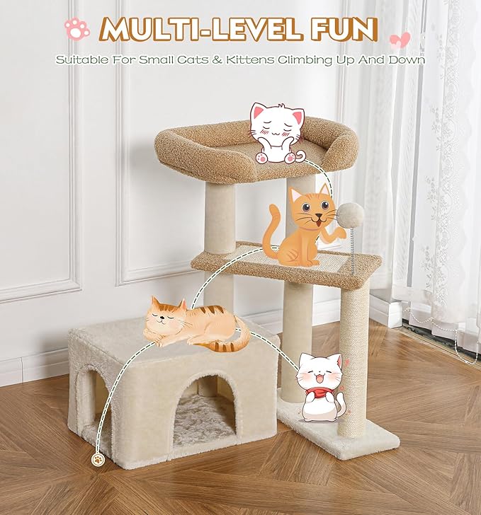 Made4Pets Cat Tree, Carpet Cat Tower Grey for Indoors Cats, Cute Wood Kitty Condo with Scratching Post and Pad, 29" Multi-Level Modern Activity Climbing Furniture for Small and Medium Cats
