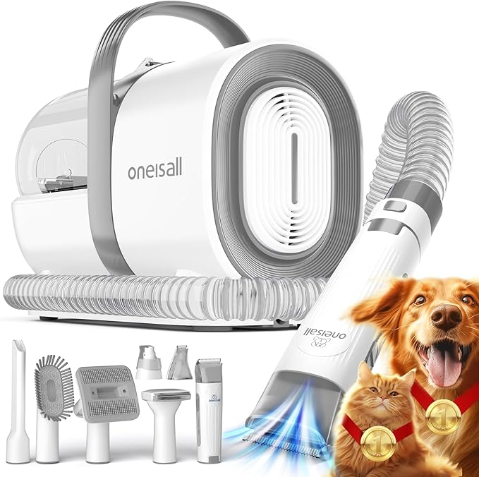 oneisall Dog Grooming Vacuum, Pet Grooming Vacuum with Clipper Nail Grinder, 1.5L Dust Cup Dog deshedding Vacuum Brush with 7 Pet Grooming Tools for Shedding Pet Hair, Home Cleaning(Grey)