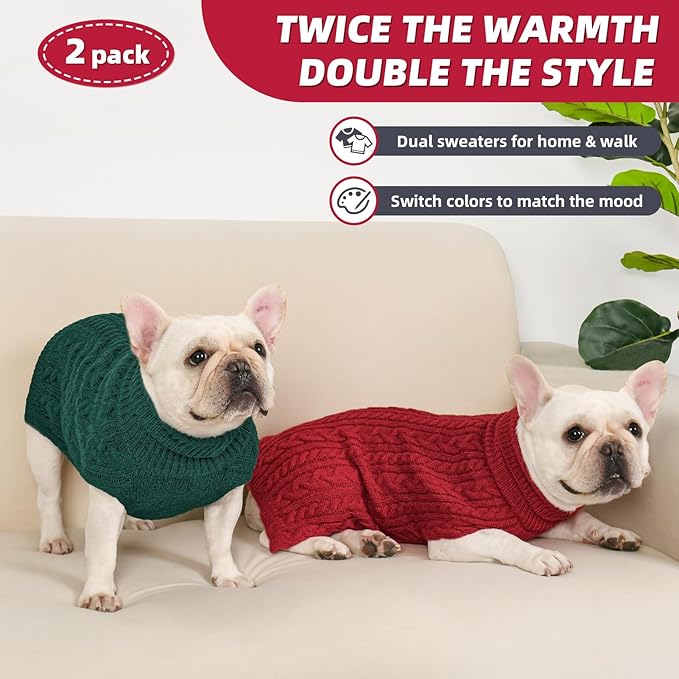 2 Pack Dog Sweaters for Medium Dogs Turtleneck Pullover Cable Knit Stretch Clothes French Bulldog Dachshund Boston Terrier Corgi Beagle Pug Boy Girl Pets Winter Clothes (L, Red & Green)