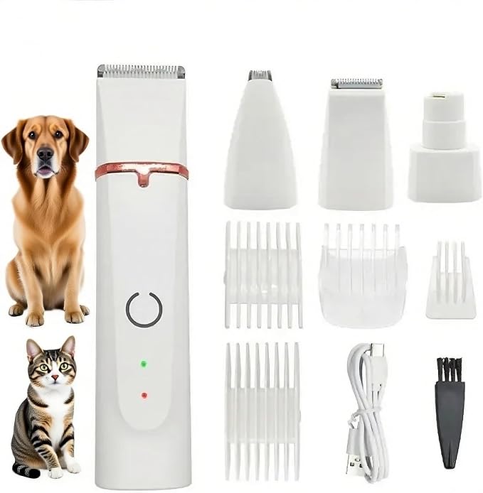 4 in 1 Pet Dog Cat Grooming Kit Dog Cat Nail Ear Paw Clipper Trimmer Pet Hair Grooming Clipper-Low Noise Rechargeable - Cordless Quiet Nail Grinder Trimming Hair Around Eyes and Ears (White)
