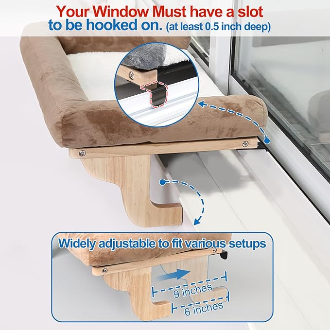 Zakkart Cat Perch for Window Sill with Bolster - Orthopedic Hammock Design with Premium Hardwood & Robust Metal Frame - Cat Window Seat for Large Cats and Kittens - Dark Stained Wood with Gray Bed