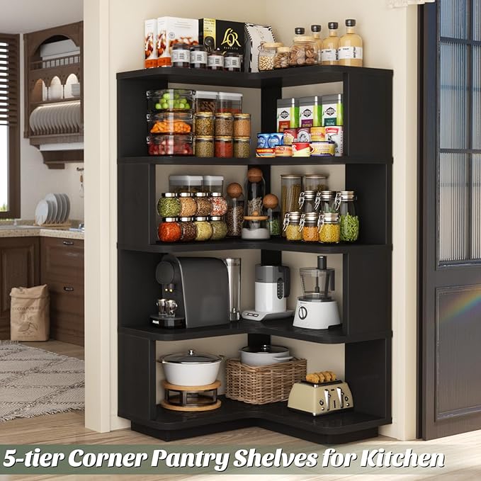 Armocity Corner Book Shelf - 5 Tier Corner Bookshelf Etagere Bookcase with Baffle, Freestanding L Shaped Display Shelf Stand for Home Office, Living Room, Bedroom, Kitchen, Black