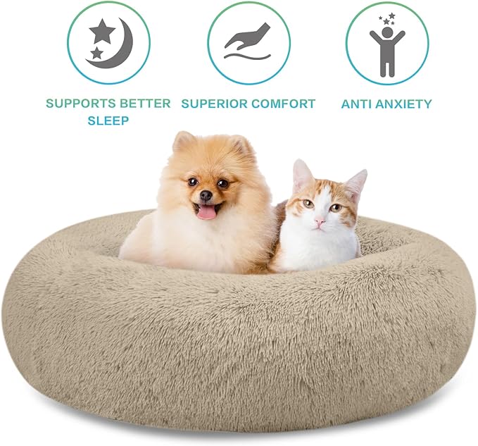 SAVFOX Calming Dog Bed, Anti-Anxiety Donut Dog Bed, Plush Faux Fur, Large Size, 36"x36", 10" Thick, Durable Construction, Machine Washable
