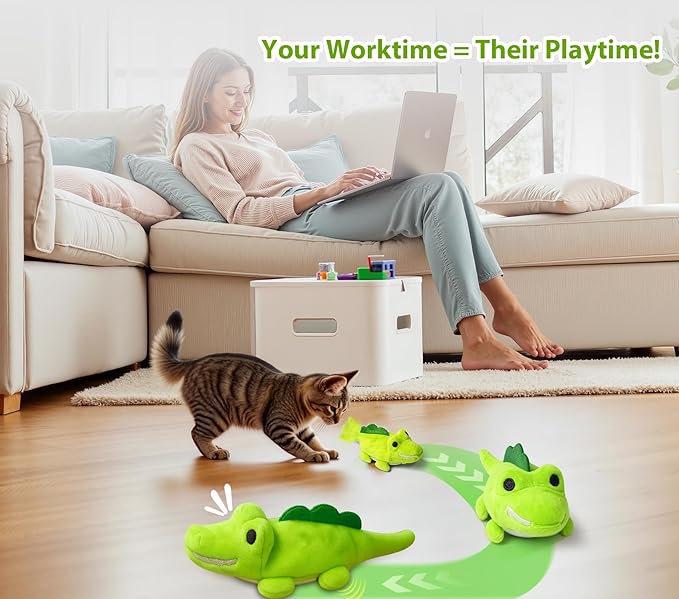 Interactive Cat Toys for Indoor Cats - Automatic Moving Cat Chase Toy for Bored Indoor Adult Cats - 360ยฐ Random Movement, Tail Wagging & Catnip Stimulation - Electric Croc(Short Plush)