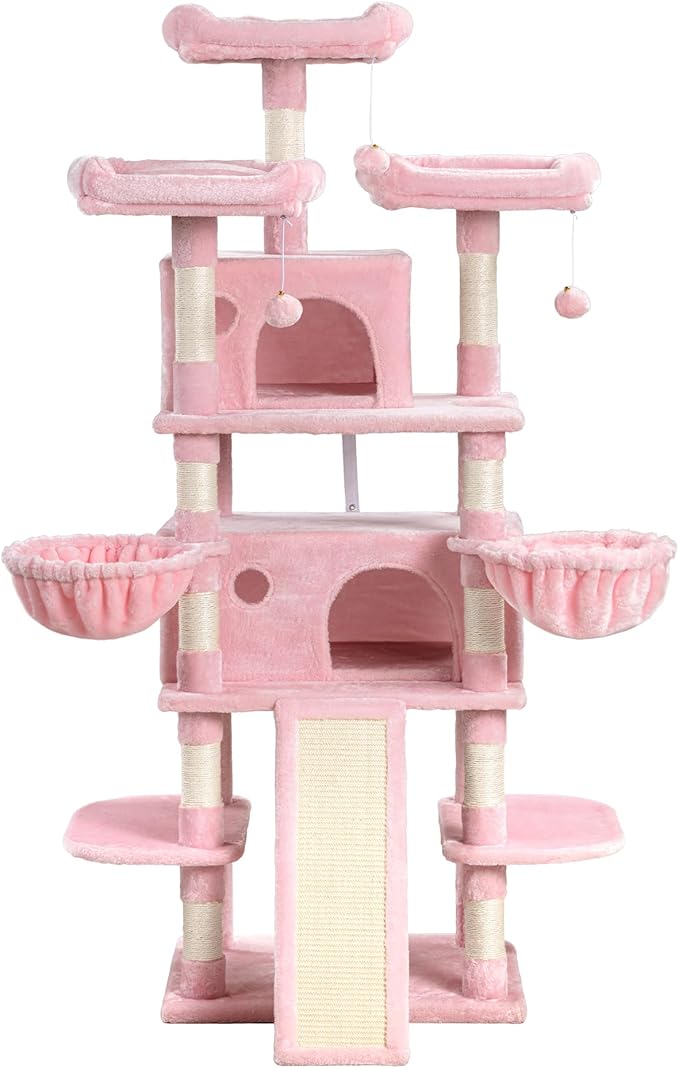 SHA CERLIN 68 Inches Multi-Level Large Cat Tree for Large Kitties/Big Cat Tower with Condo/Cozy Plush Pussycat Perches/Sisal Scratching Posts and Hammocks/Activity Center/Pink